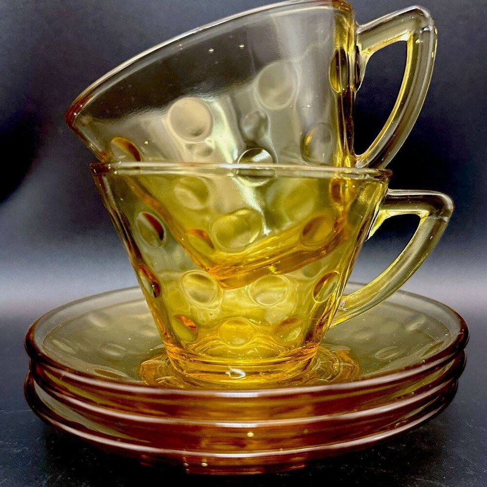 Anchor Hocking Bubble Bullseye Amber Vtg Tea Set for Two Mid Century Glassware